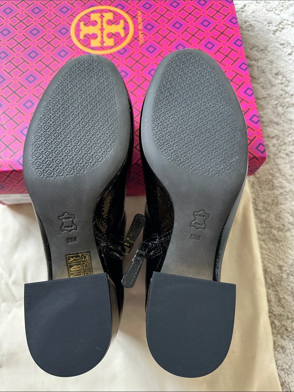 Tory Burch Black Patent Leather Block Heel Ankle Boots
